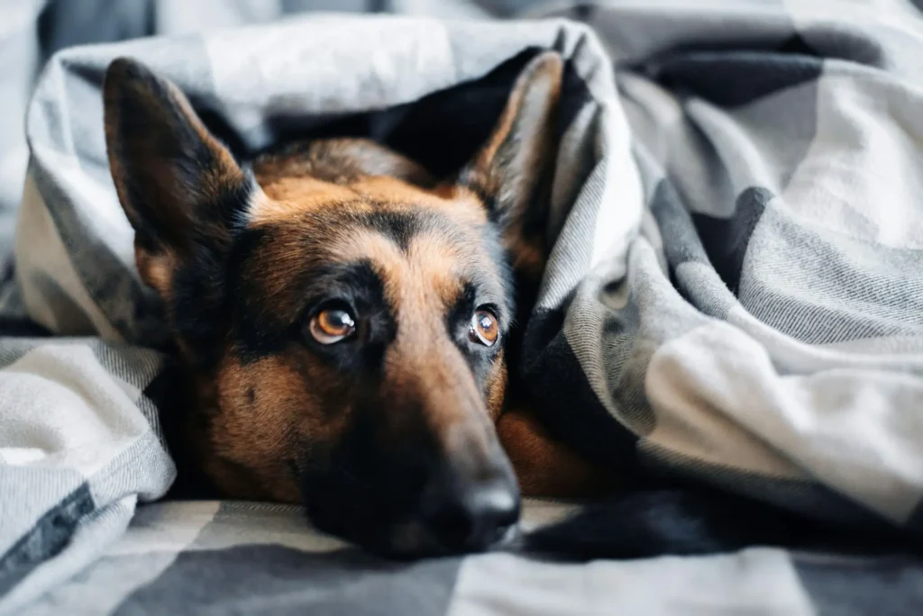 A dog lying under a gray checkered blanket, peeking out with alert eyes.